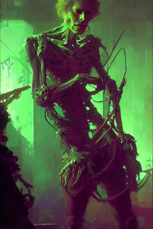 Prompt: neon green skeleton in a purple room portrait dnd, painting by gaston bussiere, craig mullins, greg rutkowski, yoji shinkawa