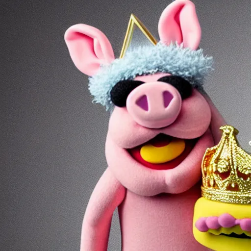 Image similar to pig wearing a gold crown depicted as a muppet holding box 8k