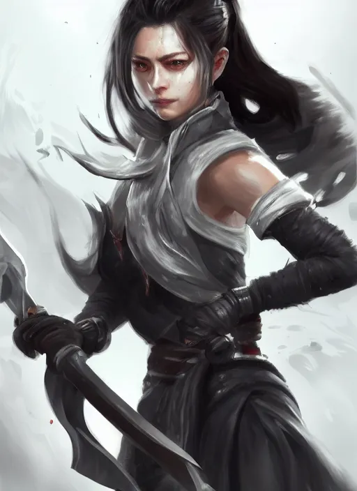 Prompt: a highly detailed illustration of fierce messy ponytail black haired one armed delinquent woman wearing uniform cap wearing long white coat cape, dramatic wielding sword pose, muscular, intricate, elegant, highly detailed, centered, digital painting, artstation, concept art, smooth, sharp focus, league of legends concept art, wlop.