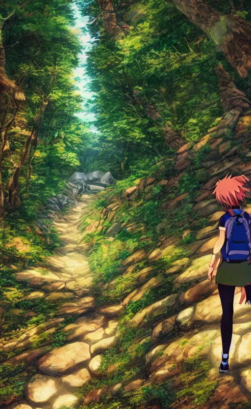 Prompt: an anime girl in the foreground hiking the Appalachian Trail alone, exaggerated three point perspective, beautiful anime scene, trending digital art, 4k ultra