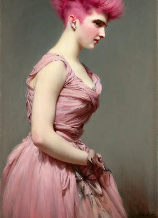 Image similar to a detailed portrait of woman with a mohawk by edouard bisson, year 1 8 9 0, pink hair, punk rock, oil painting, muted colours, soft lighting