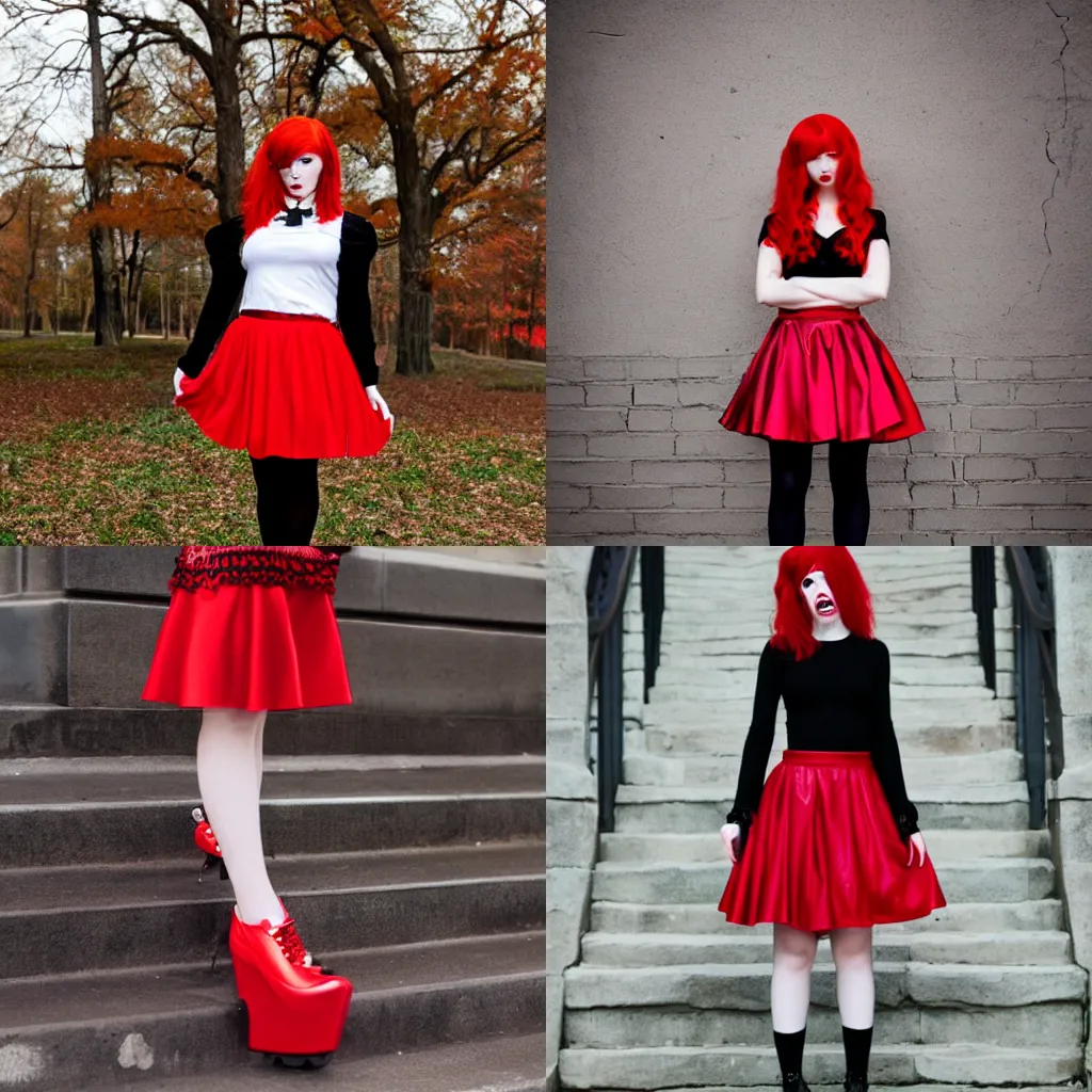 Prompt: a red headed goth girl wearing a red skirt and platform shoes, high detail