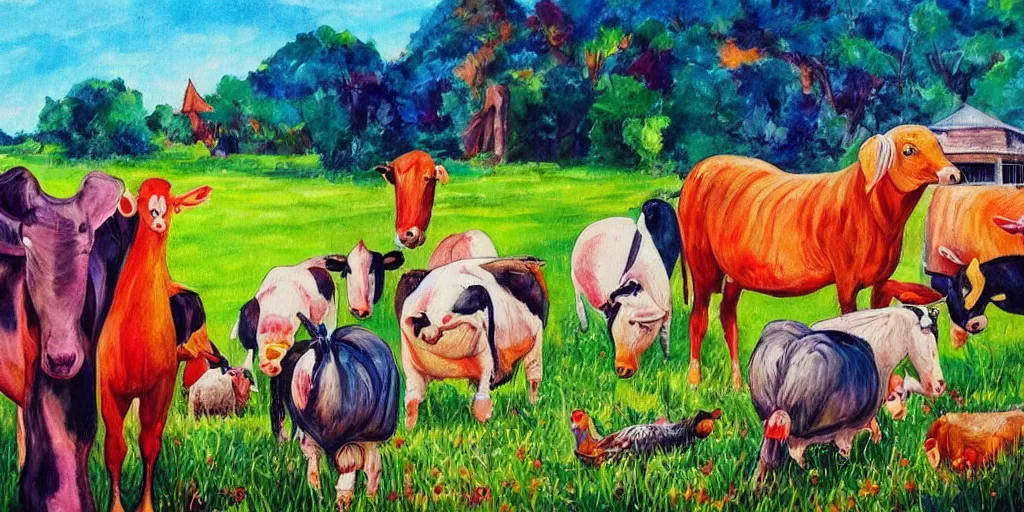 Prompt: beautiful and colorful painting of humans living in harmony with farm animals