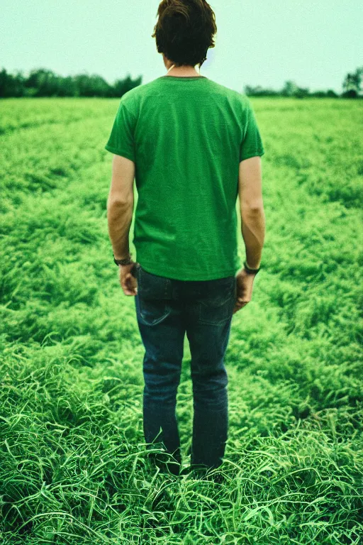 Prompt: kodak ultramax 4 0 0 photograph of a guy standing in green field, back view, green shirt, grain, faded effect, vintage aesthetic, vaporwave colors,