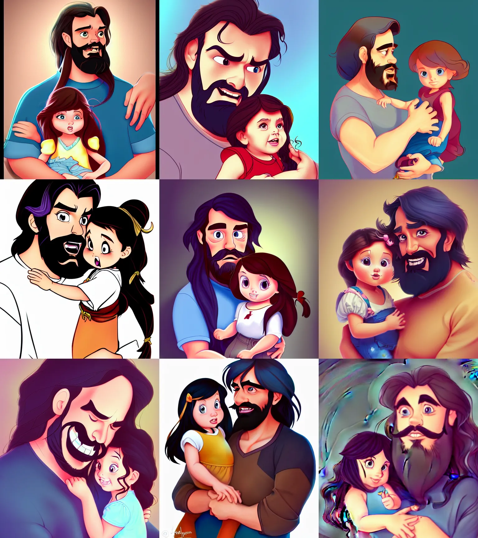 Image similar to a long - haired bearded father and his child toddler girl full color digital illustration in the style of don bluth, artgerm, artstation trending, 4 k