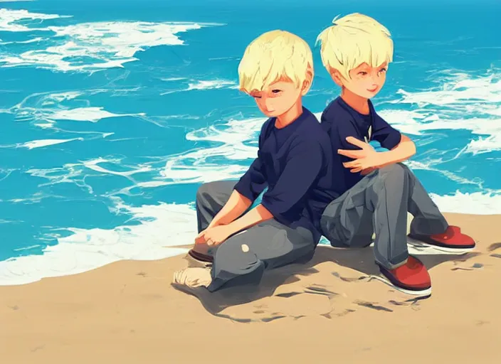 Image similar to two little boys with tousled blonde hair sitting on a beach. clean cel shaded vector art. shutterstock. behance hd by lois van baarle, artgerm, helen huang, by makoto shinkai and ilya kuvshinov, rossdraws, illustration, art by ilya kuvshinov