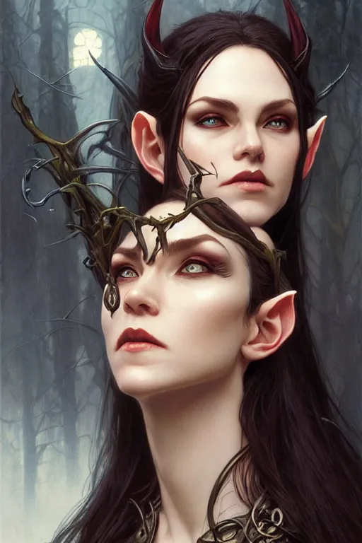 Prompt: portrait of a vampire elven archer, dark, piercing eyes, gentle expression, elegant clothing, photorealistic, highly detailed, artstation, smooth, sharp focus, art by michael whelan, artgerm, greg rutkowski and alphonse mucha