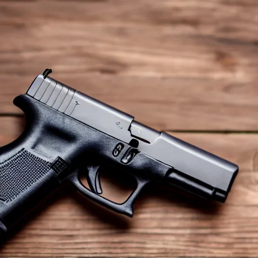 Prompt: a medium shot photograph of a glock 18 on a wooden background