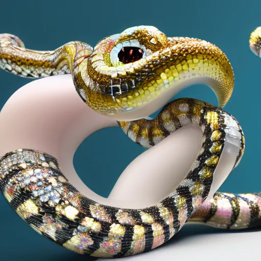 Prompt: baby gem snake, snake, big eyes, crystalized scales, white fur with gems, pastel colours, shiny glitter / crystals, pixar animation style, detailed, soft light, octane render, 4 k,