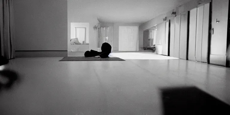 Image similar to photorealsitic Cinematography of a man crying on the floor at night in a mid century modern apartment shot on film at magic hour in a room filled with volumetric haze by the shining Cinematographer john alcott on a 9.8mm wide angle lens.