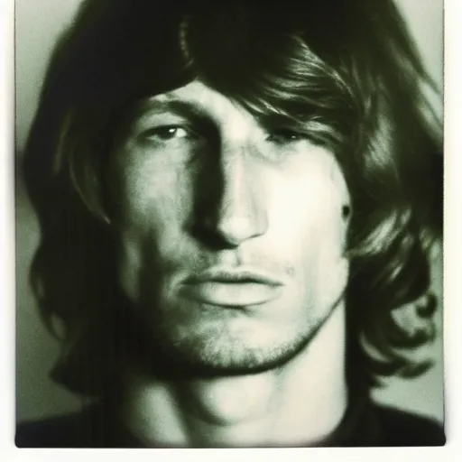 Prompt: Mugshot Portrait of Young Roger Waters, taken in the 1970s, photo taken on a 1970s polaroid camera, grainy, real life, hyperrealistic, ultra realistic, realistic, highly detailed, epic, HD quality, 8k resolution, body and headshot, film still, front facing, front view, headshot and bodyshot, detailed face, very detailed face