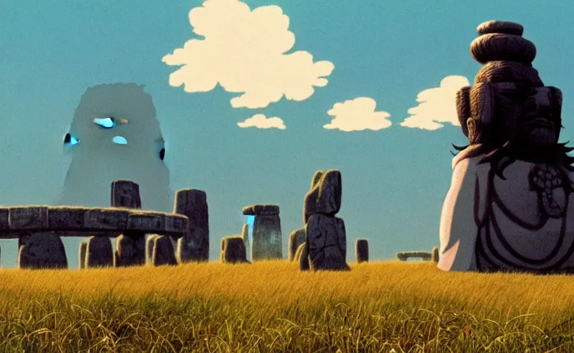 Prompt: movie still from studio ghibli movie showing a highly detailed landscape with a giant long haired buddha in lotus position with stonehenge in the background. 1 9 8 0 s science fiction, 1 9 7 0 s science fiction, cyberpunk, misty, depth perception, 4 k