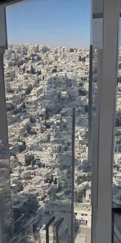 Prompt: first person view waking up in futuristic apartment in futuristic jerusalem