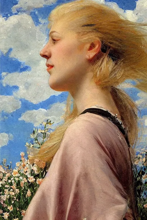 Image similar to close - up fashion blonde woman portrait airy flowers cloudy sky art by vasnetsov