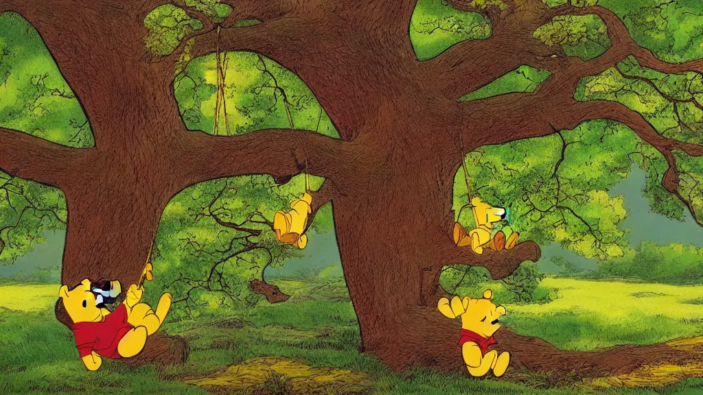 Prompt: winnie the pooh sitting on a swing by a large oak tree, beautiful landscape, vivid colors, by bill watterson