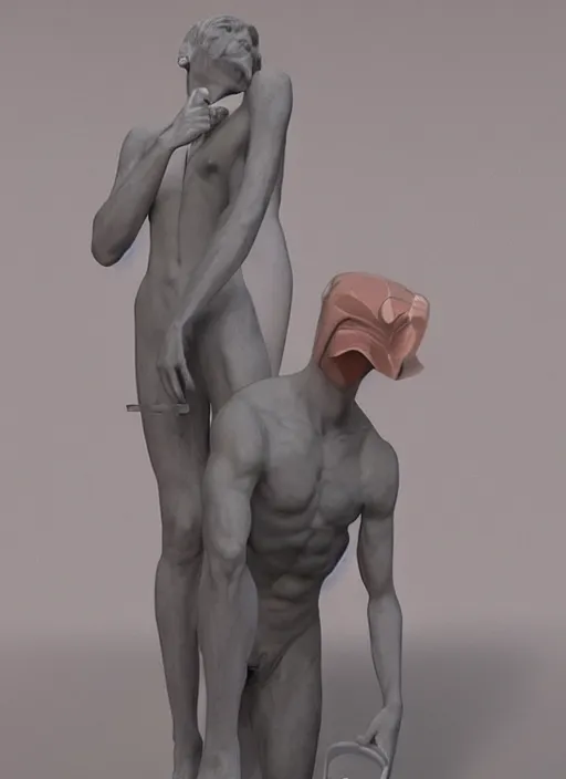 Image similar to a sculpture of a man standing next to a tall vase, a raytraced image by Hikari Shimoda, polycount, video art, vray tracing, ray tracing, rendered in unreal engine