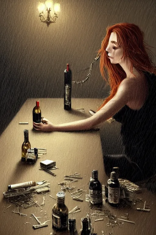 Image similar to dirty faced and very tired womanlooking pile smoking a winebottle, drugs, cigarrette boxes at the table, stormy weather, fantasy, intricate, elegant, highly detailed, digital painting, artstation, concept art, addiction, chains, smooth, sharp focus, illustration, art by Ilja Repin