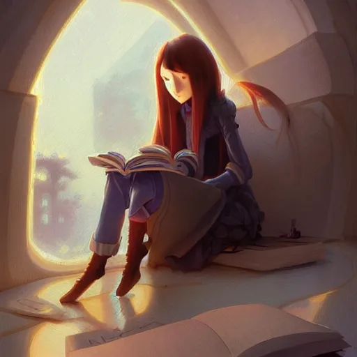 Image similar to a pixar girl reading a book, long hair flowing down, symmetrical, style of by Jordan Grimmer and greg rutkowski, crisp lines and color,