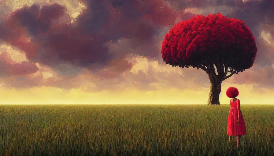 Prompt: giant red carnation afro head, full body, girl watching sunset, empty wheat field, surreal photography, colorful clouds, tree, impressionist painting, colorful clouds, digital painting, pointillism, artstation, simon stalenhag