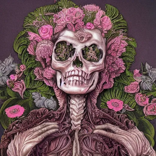 Image similar to a beautiful detailed rococo 8 0's photo of a rotten woman corpse becoming almost a skull with face muscles, veins, arteries, fractal plants and fractal flowers and mushrooms growing around, intricate, ornate, volumetric light, beautiful lit, beetlejuice