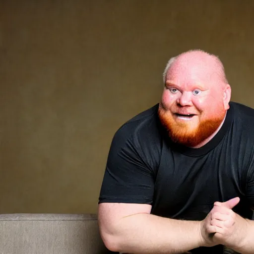 Image similar to 3 / 4 upper body of a 5 0 year old ginger men with crooked teeth, balding, overweight