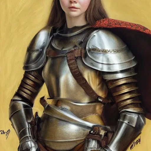 Image similar to ultra realistic portrait painting of elle fanning as a medieval knight, art by frank frazetta, 4 k, ultra realistic, highly detailed, epic lighting