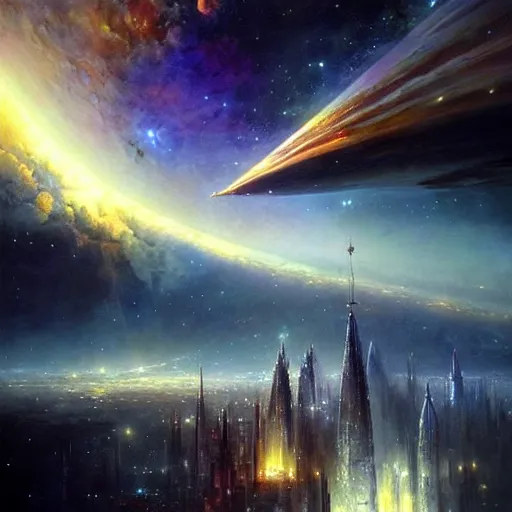 Image similar to The golden city of New Jersualem in the clouds, the orion nebula in the sky, nebula, fantasy city, fantastical architecture, divine, holy, art by Stephan Martinière, Martinière artwork, fantasy, beautiful, HD