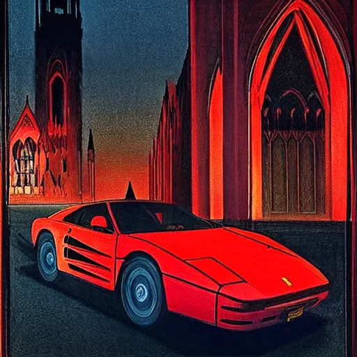 Prompt: a red ferrari testarossa at dark night in front of gothic architecture, pink neon lights by nc wyeth and daniel mumford