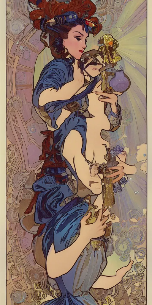 Image similar to a woman wearing outer space as a dress, pouring water from a vase into the milky way, by joe madura, by alphonse mucha, battle chasers.