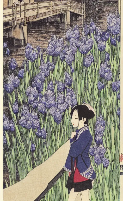 Prompt: by akio watanabe, manga art, a blond girl is looking at wooden lake bridge and iris flowers, visible face, trading card front, kimono, realistic anatomy