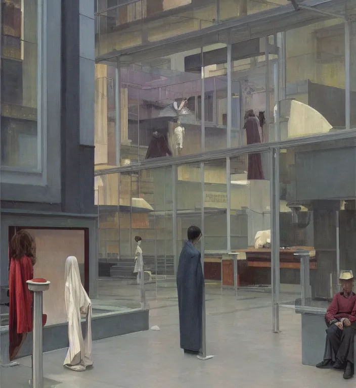 Prompt: motion controlled camera in transparent robes, in magnificent shopping mall, oil painting by edward hopper, zdislav beksinski, wayne barlowe