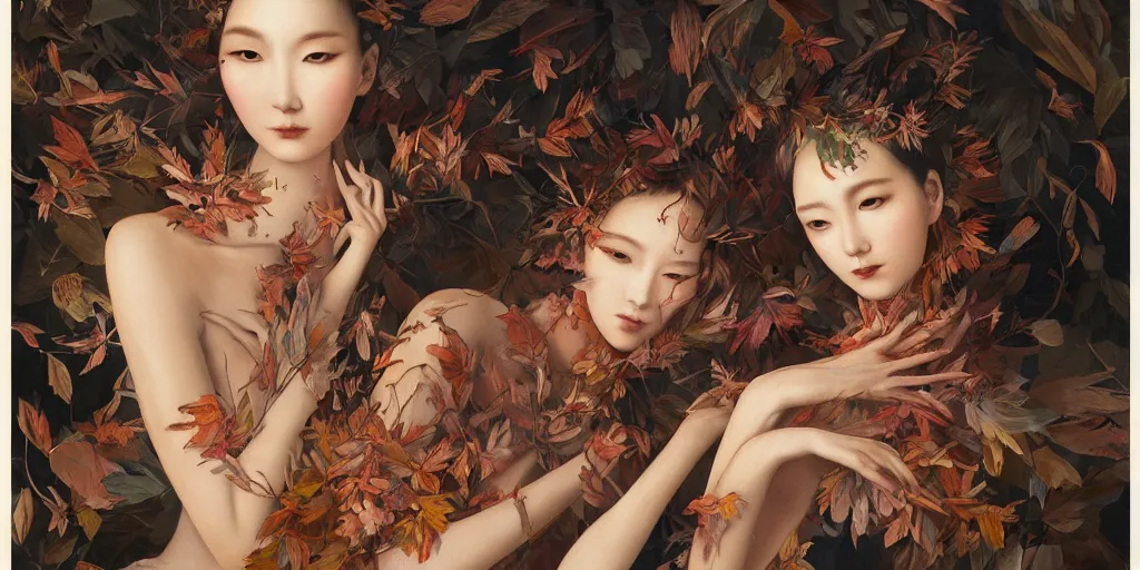 Prompt: breathtaking detailed concept art painting blend of two goddess of autumn leaves by hsiao - ron cheng with anxious piercing eyes, vintage illustration pattern with bizarre compositions blend of flowers and fruits and birds by beto val and john james audubon, exquisite detail, extremely moody lighting, 8 k