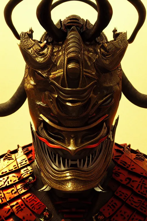 Prompt: demon samurai mask, close - up portrait, intricate, elegant, volumetric lighting, scenery, digital painting, highly detailed, artstation, sharp focus, illustration, concept art, luis rollo, ruan jia, steve mccurry, john berkey