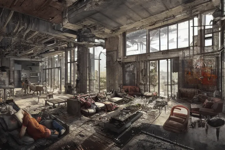 Image similar to an open - plan loft apartment with a panoramic view of a grim industrial landscape of cooling towers and rusted silos. inside, the apartment is fancy but filled with mess. extreme detail, artstation trending, artgerm, deviant art, octane, substance, art history 8 k