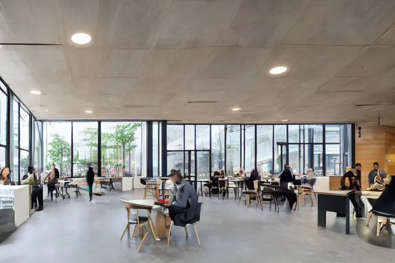Image similar to a beautiful office building cafe amenity space with sleek modern design by SOM with large windows