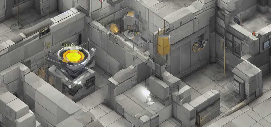 Image similar to Isometric 3d high octane render of a test chamber from Portal 2 Game