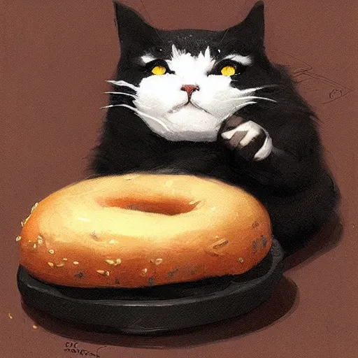 Prompt: a black fat cat holding a bagel!, art by greg rutkowski