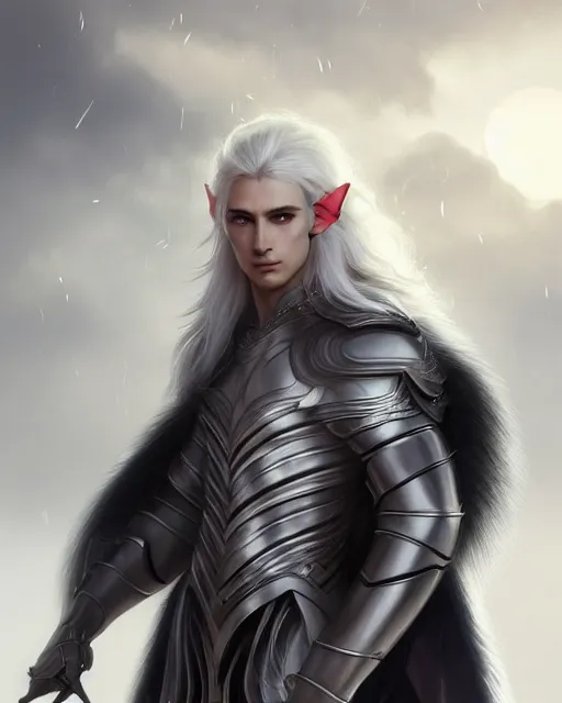 Prompt: portrait, beautiful male elf, long wavy white hair, super detailed, light black armor with silver accenting, silver jewelry, fur lined cape, 8 k, filmic, natural, octane render, moonlight, snow, clouds, artstation, greg rutkowski, rossdraws, william bouguereau, sharp focus