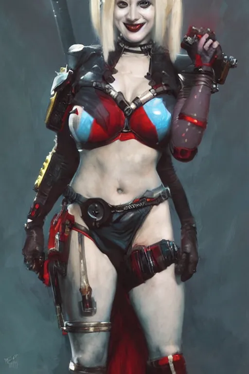 Image similar to portrait of Harley Quinn in bikini armor, dc comics, cyberpunk, Warhammer 40000, dark fantasy, digital art from artstation by Ruan Jia and Mandy Jurgens and Artgerm and william-adolphe bouguereau