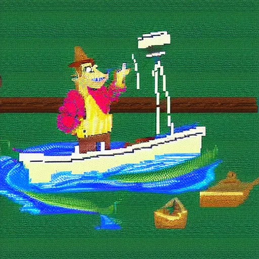 Image similar to expensive pixel work, dithered masterpiece, pixel art shrek fishing on a sailboat