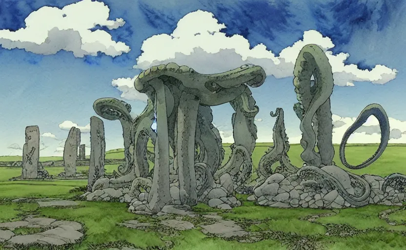 Prompt: a hyperrealist studio ghibli watercolor fantasy concept art. in the foreground is a giant grey octopus lifting a stone. in the background is stonehenge. by rebecca guay, michael kaluta, charles vess