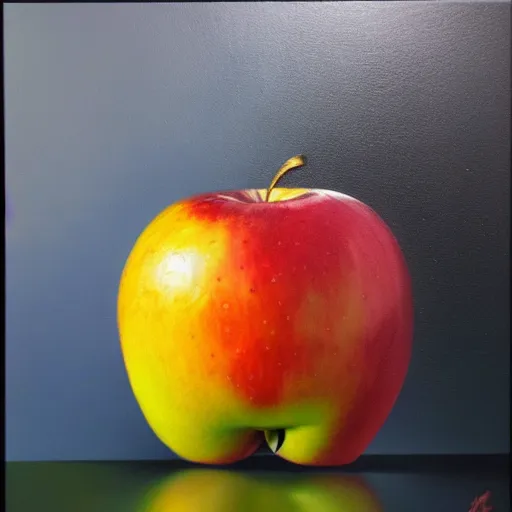 Image similar to a hyper-realistic studio oil-painting of an-apple; hyper-detailed; an extraordinary masterpiece!!!; flawless; trending on artstation