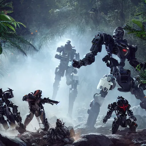 Prompt: Ragtag human militia fighting advanced humanoid combat robots in a jungle in 2020, combat photography by Feng Zhu, highly detailed, excellent composition, cinematic concept art, dramatic lighting, trending on ArtStation