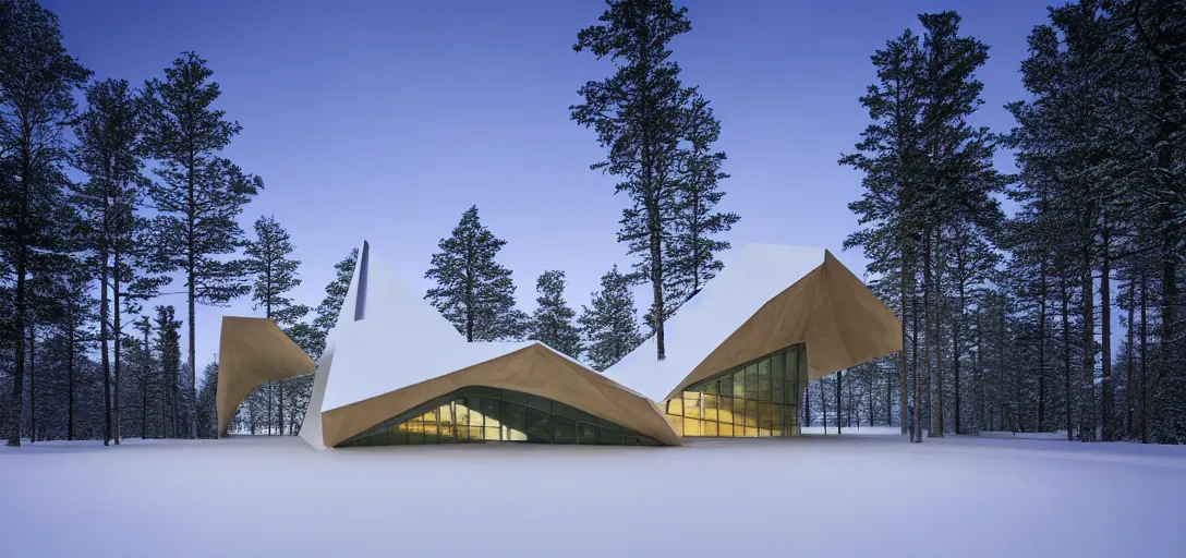 Prompt: faceted roof planes lift and descend creating shade and architectural expression, highly detailed, situated in snow, vivid color, highly reflective lake, dusk