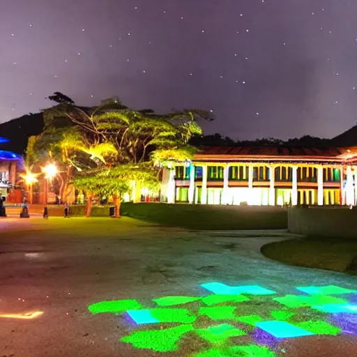 Image similar to Universidad del Quindio with neon lights at night with sky full of stars