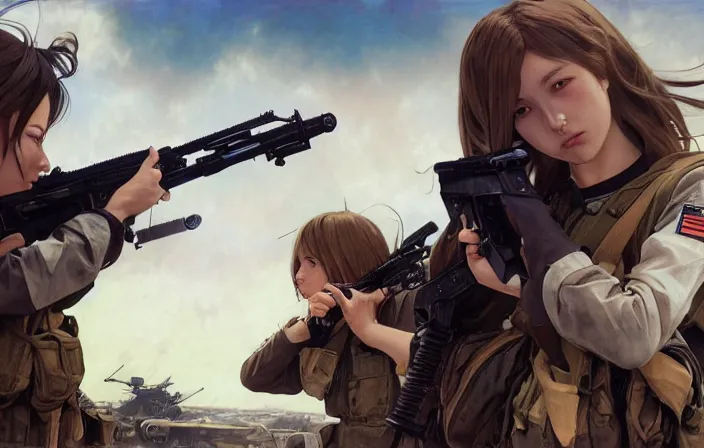 Image similar to war movie scene, squad, infantry girls, anime style, long hair, hair down, symmetrical facial features, explosions, wallpaper, from girls frontline, hyper realistic, pale skin, rule of thirds, extreme detail, detailed drawing, trending artstation, hd, trading card, by alphonse mucha, greg rutkowski, backlit