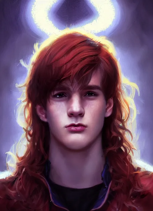 Prompt: portrait of teenage jason blossom, cleft chin, bangs, 1 9 8 0 s, mischievous expression, evil smirk, bangs and wavy hair, bangs, intricate, elegant, glowing lights, highly detailed, digital painting, artstation, concept art, smooth, sharp focus, illustration, art by wlop, mars ravelo and greg rutkowski