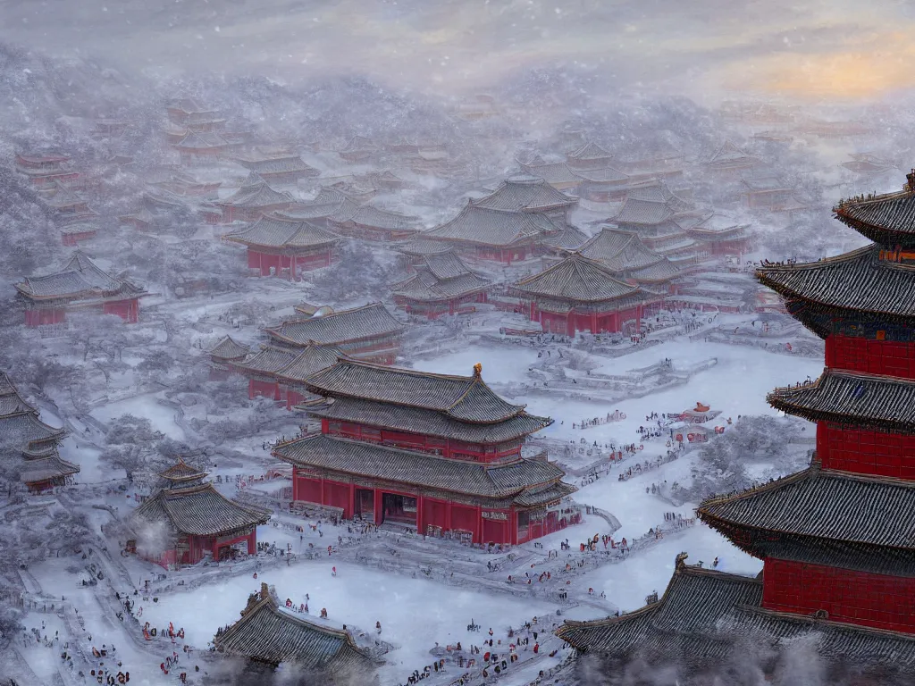 Prompt: the forbidden city on the snow mountain is on fire, highly detailed, blizzard, cinematic landscape ， on a snowy day, by xu beihong