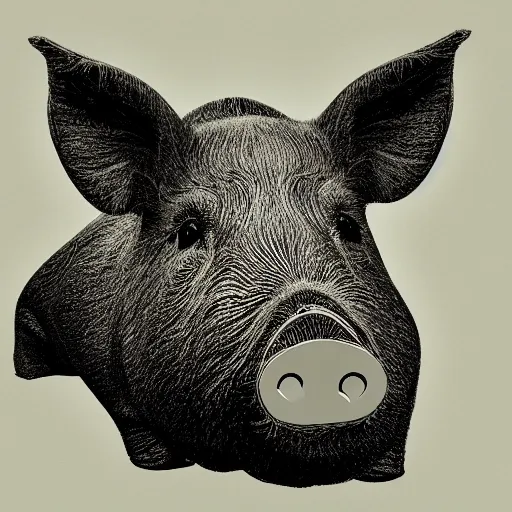 Image similar to anaglyph 3d line landscape drawing of a pig wearing a crown in black and white, 35mm