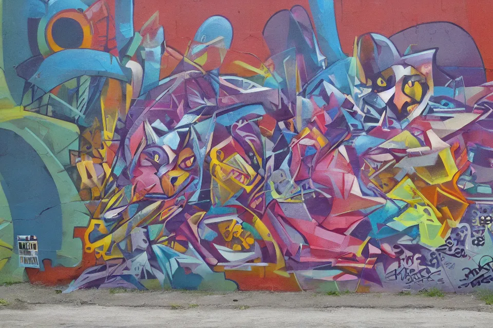 Prompt: wall graffiti by alex maksiov and john pugh of a cat, depth, vibrant
